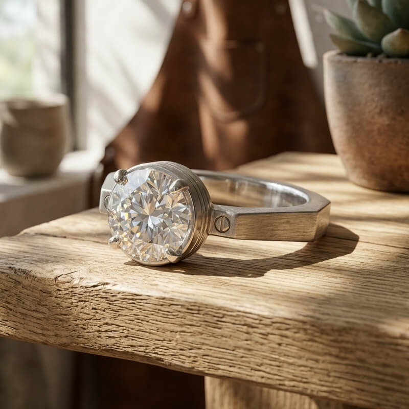Screw Inspired Solitaire Moissanite Brushed Finish Engagement Ring