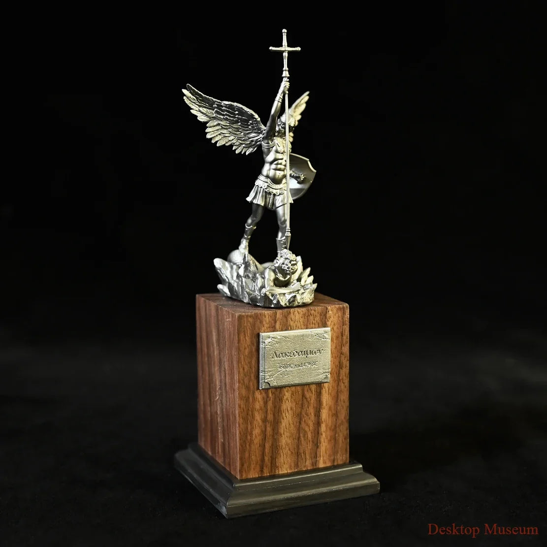 Saint Michael Warrior Figure on Walnut Pedestal