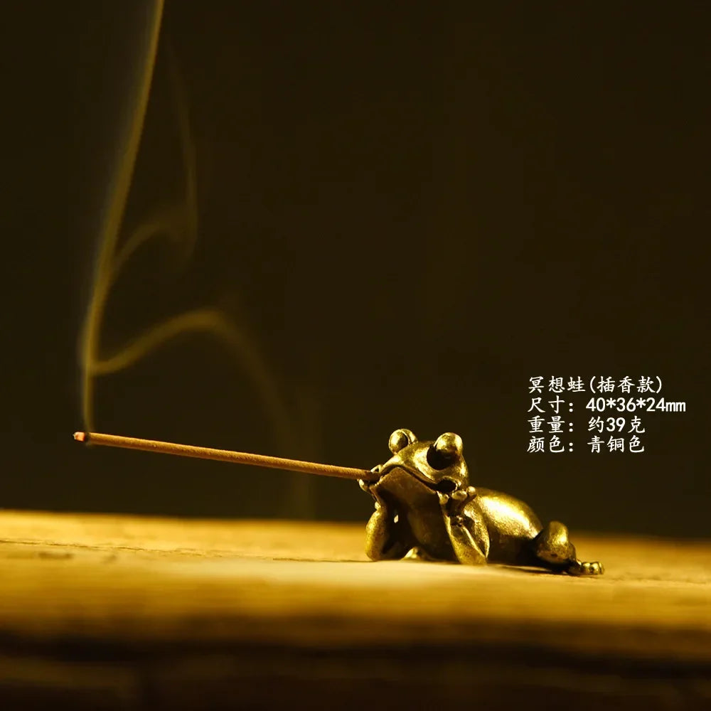 Miniature Brass Frog Incense Holder Sculpture