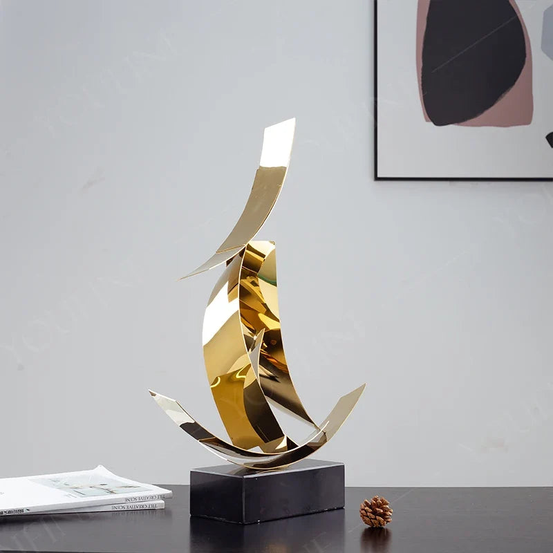 Abstract Polished Steel Ribbon Sculpture with Marble Base