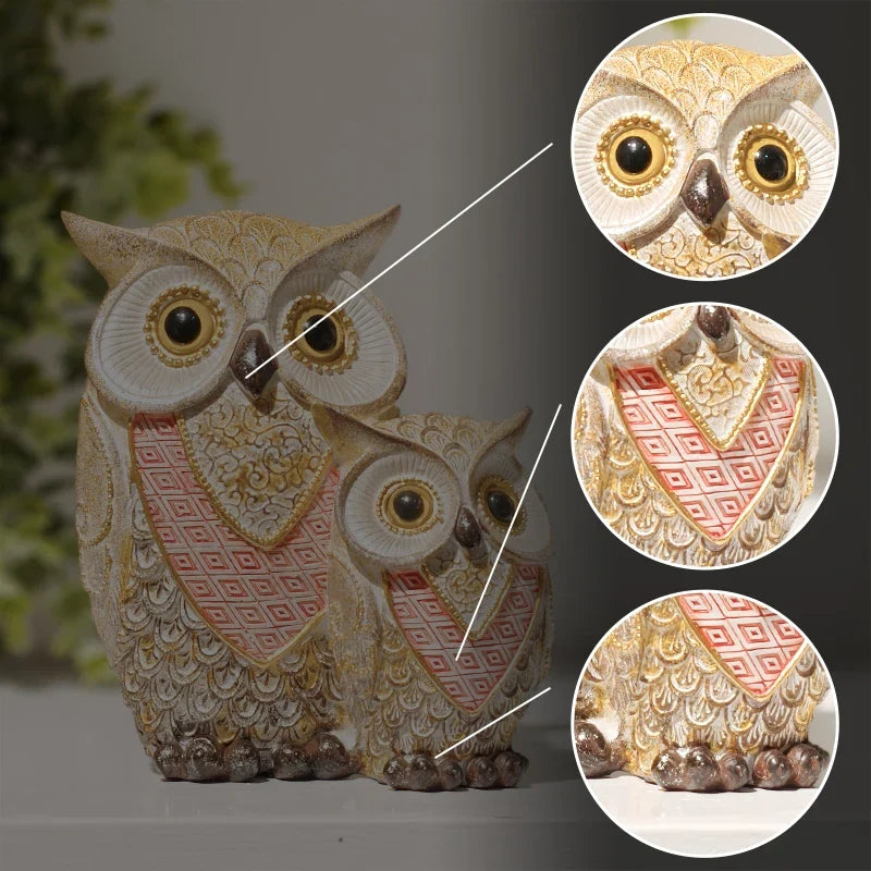 Gold and Red Owl Family Figurine