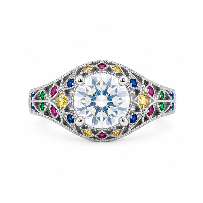 Secret Garden Round Moissanite Multicolor Gemstone Filigree Engagement Ring