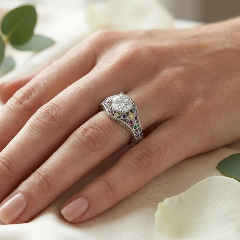 Secret Garden Round Moissanite Multicolor Gemstone Filigree Engagement Ring