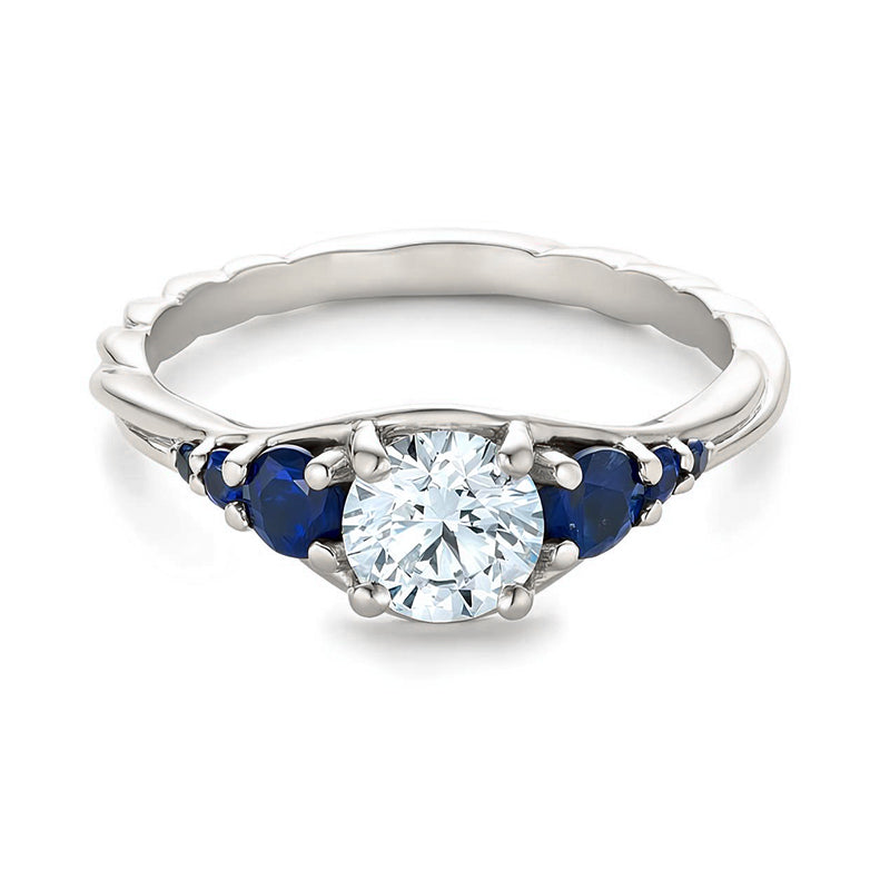 Seven Stone Moissanite And Blue Sapphire Twisted Rope Engagement Ring