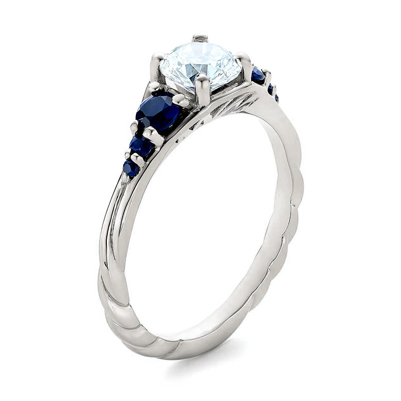 Seven Stone Moissanite And Blue Sapphire Twisted Rope Engagement Ring