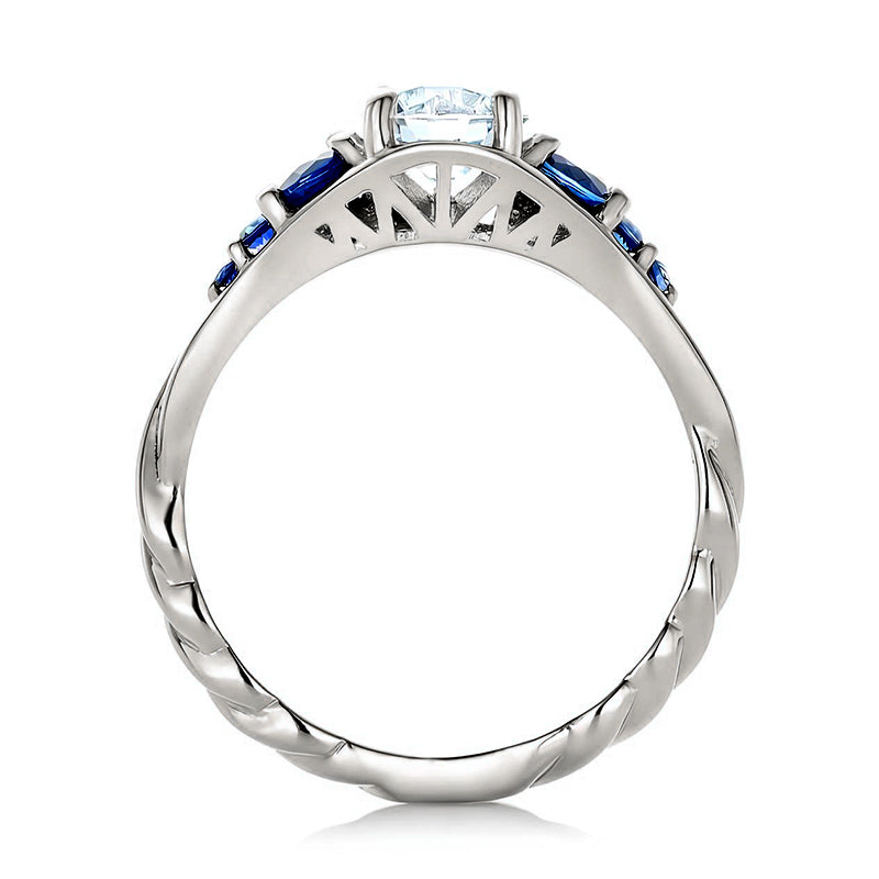 Seven Stone Moissanite And Blue Sapphire Twisted Rope Engagement Ring