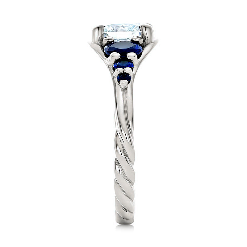 Seven Stone Moissanite And Blue Sapphire Twisted Rope Engagement Ring