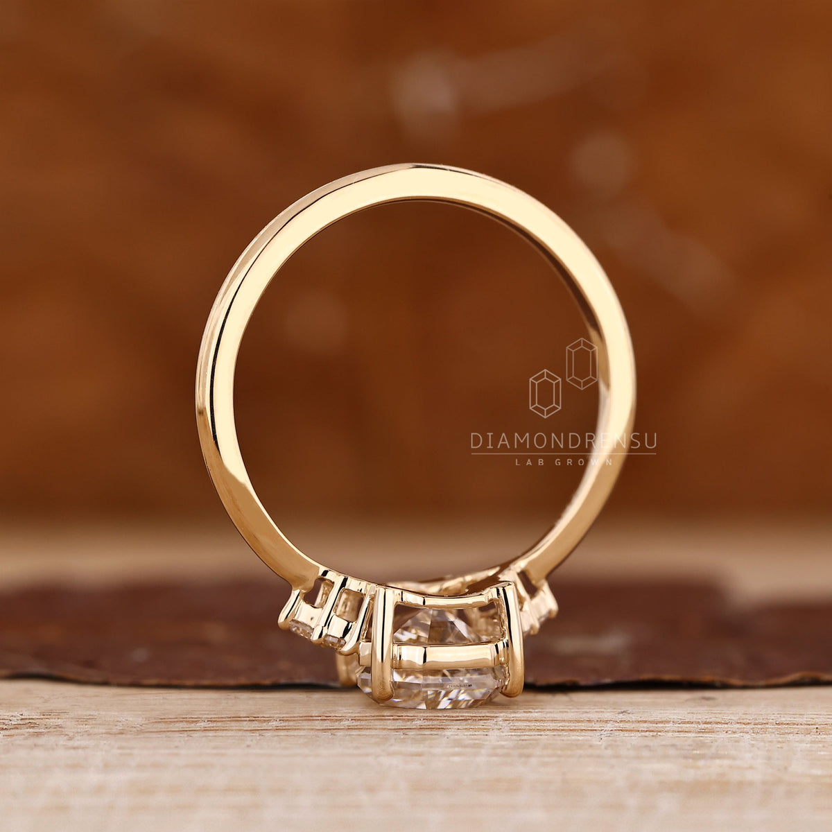 Coffin Cut Diamond Ring with Round Side Stones and Muse Setting