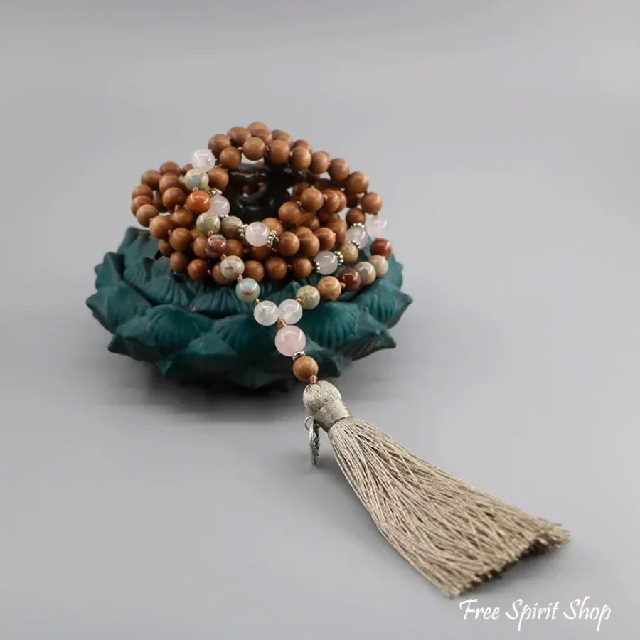 108 Natural Sandalwood Rose Quartz & Jasper Mala Bead Necklace
