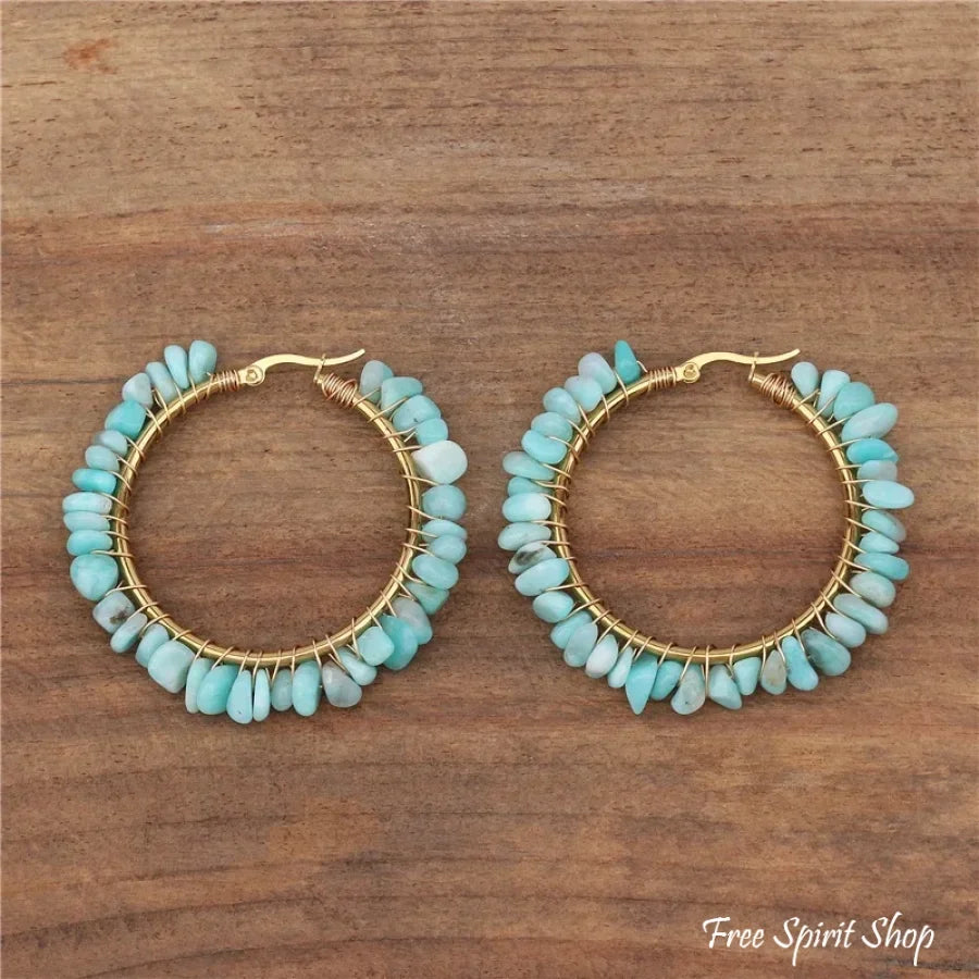 Irregular Amazonite Gemstone Circle Earrings