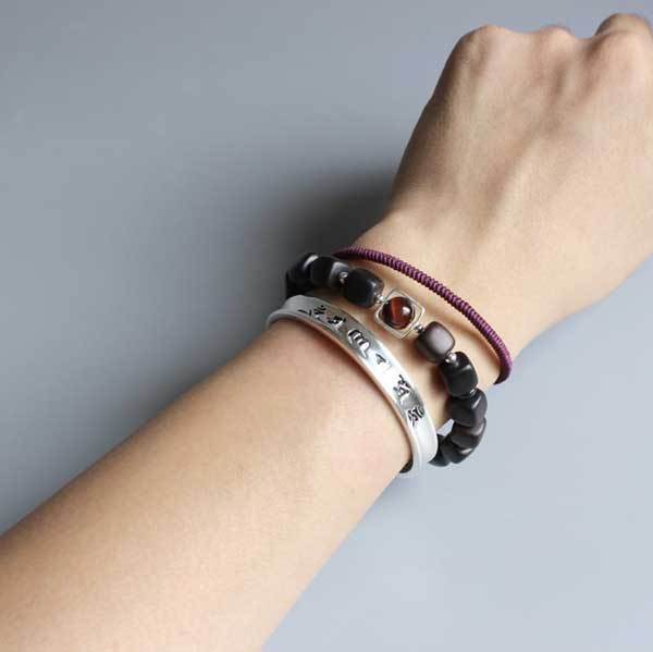 Tibetan Mantra Cuff Bracelet with Heart Sutra - Silver