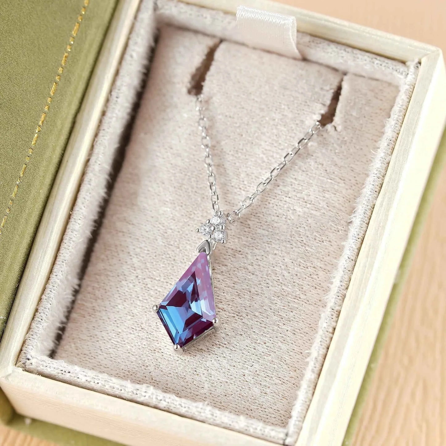 Simple Kite Cut Alexandrite Moissanite Silver Pendant