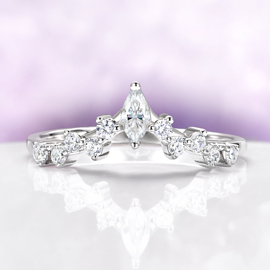 Simulated Diamond V Shaped Curved Wedding Band in Sterling Silver
