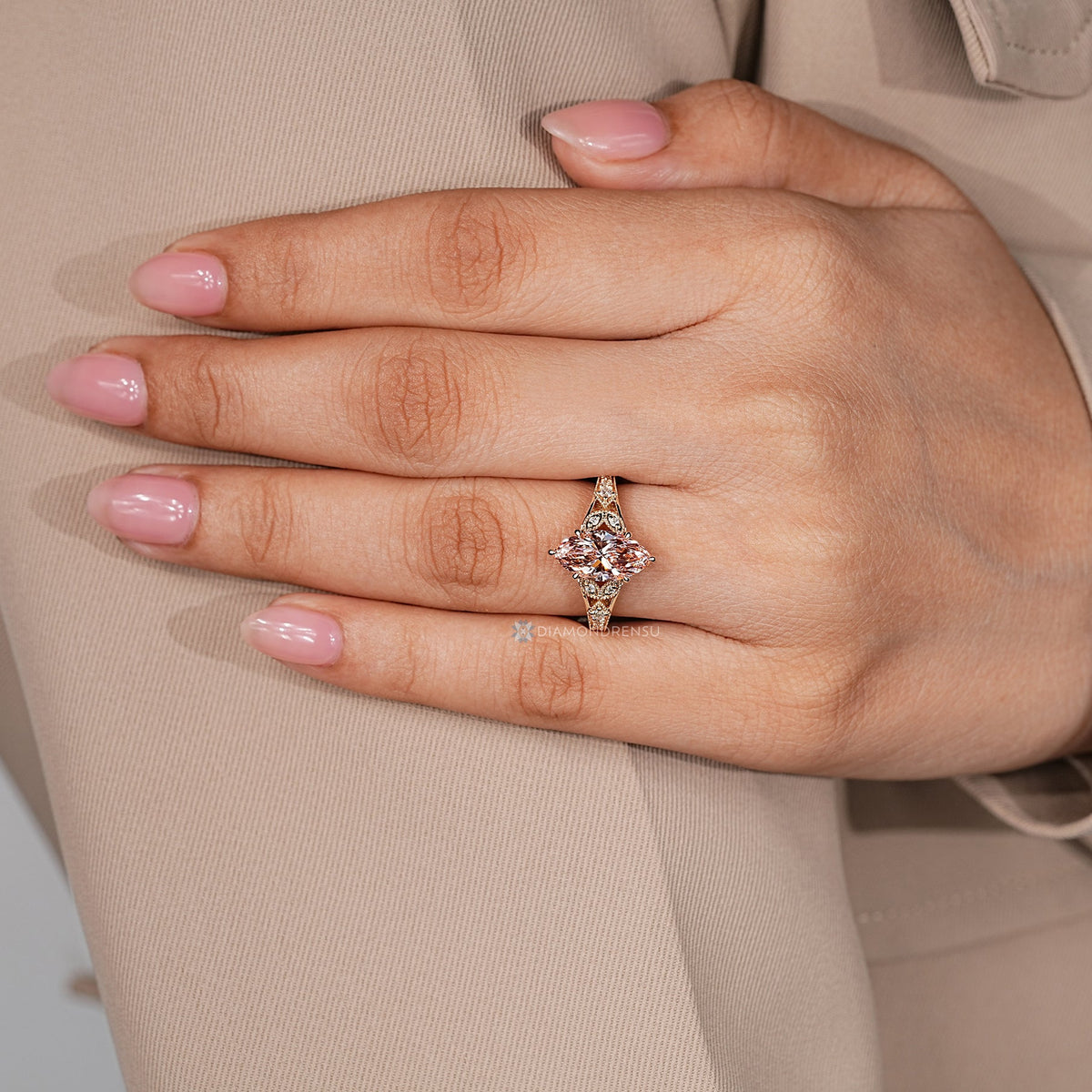 Pink Marquise Art Deco Ring with Round Side Stones and Milgrain Details