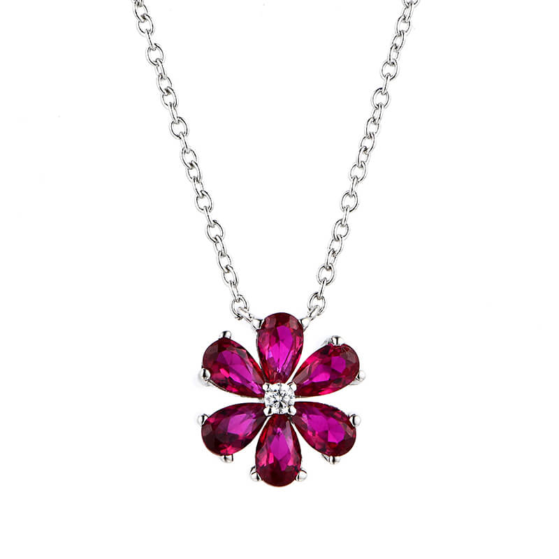 Six Leaf Clover Red Corundum Sterling Silver Necklace