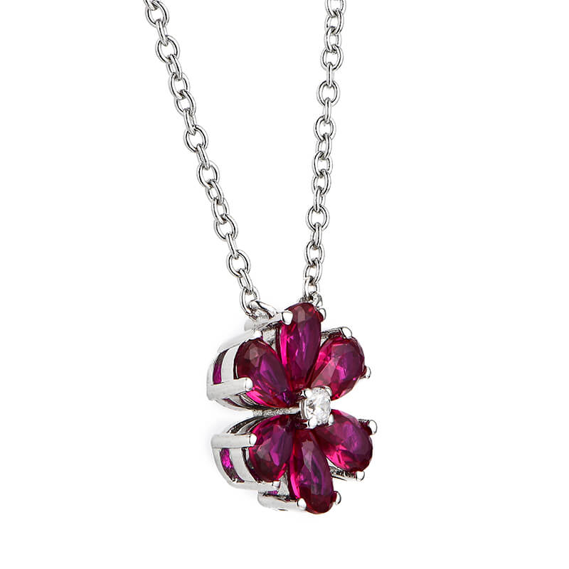 Six Leaf Clover Red Corundum Sterling Silver Necklace