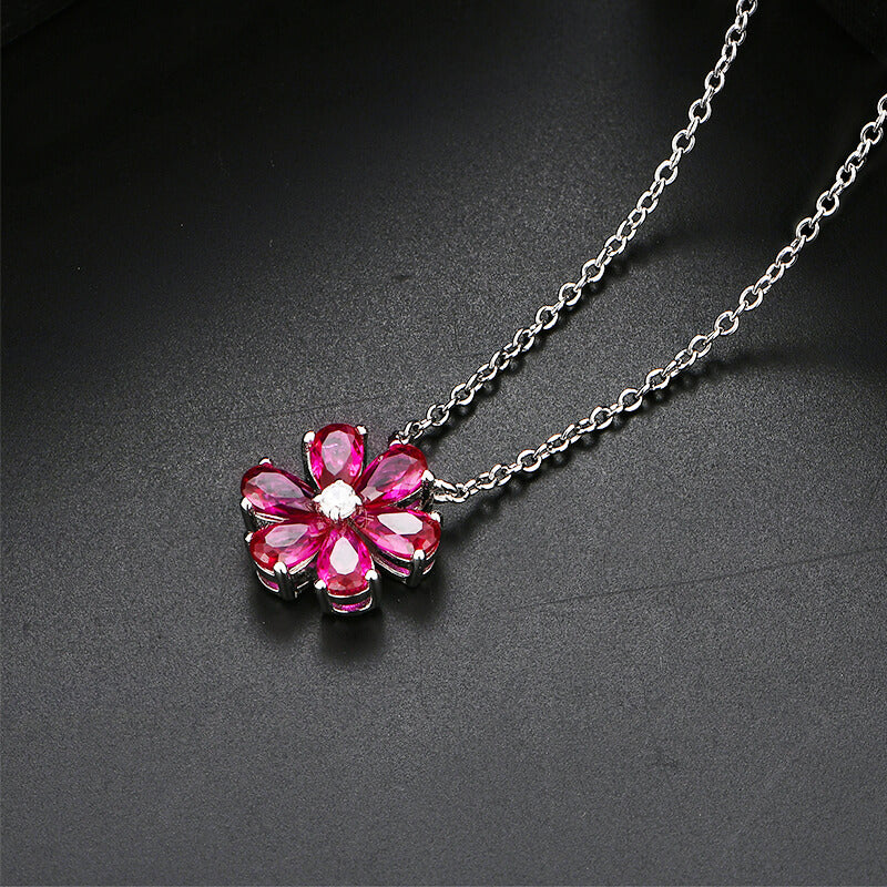 Six Leaf Clover Red Corundum Sterling Silver Necklace