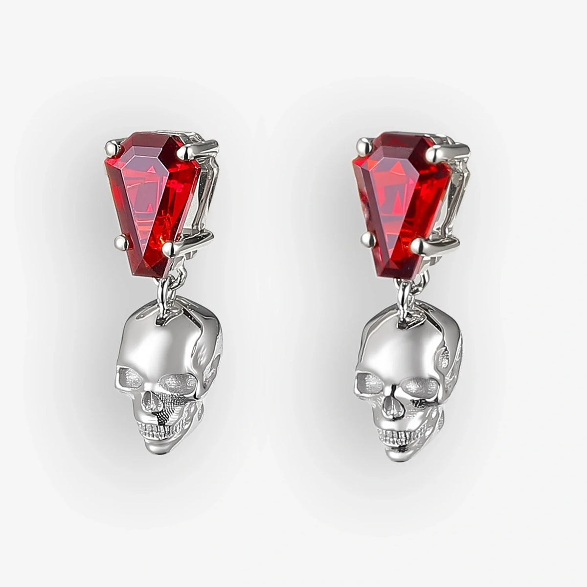 Skull Conffin Shaped Garnet White Gold Earrings Halloween Jewelry