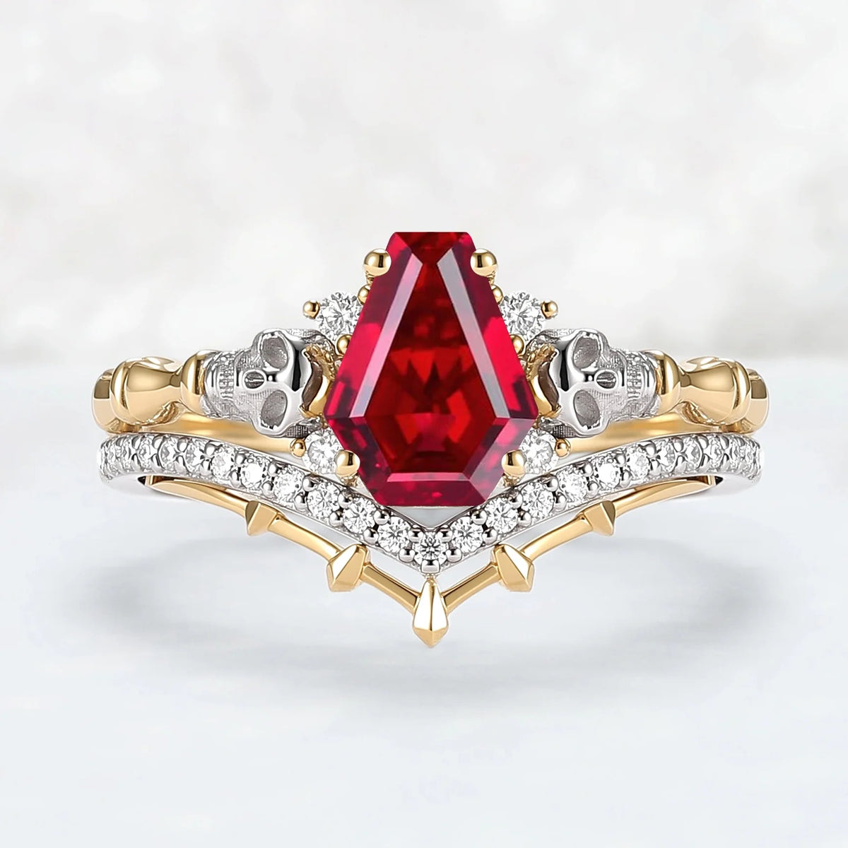 Skull Conffin Shaped Garnet White & Yellow Gold Ring Set 2pcs Halloween Jewelry