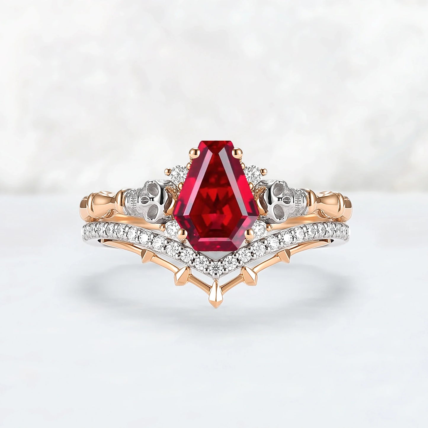 Skull Conffin Shaped Garnet White & Yellow Gold Ring Set 2pcs Halloween Jewelry