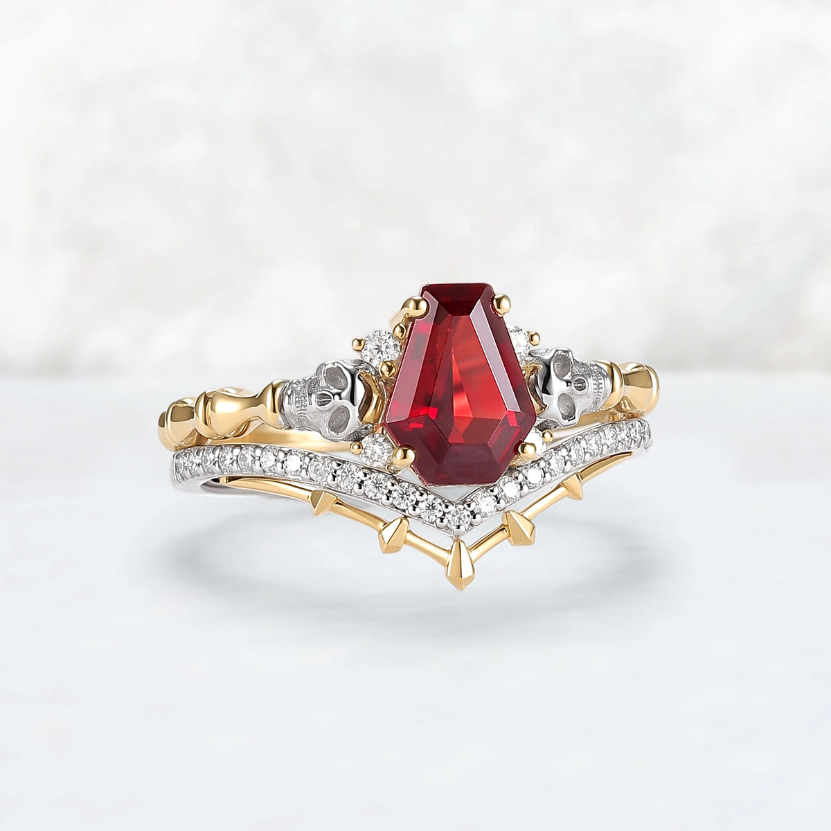 Skull Conffin Shaped Garnet White & Yellow Gold Ring Set 2pcs Halloween Jewelry