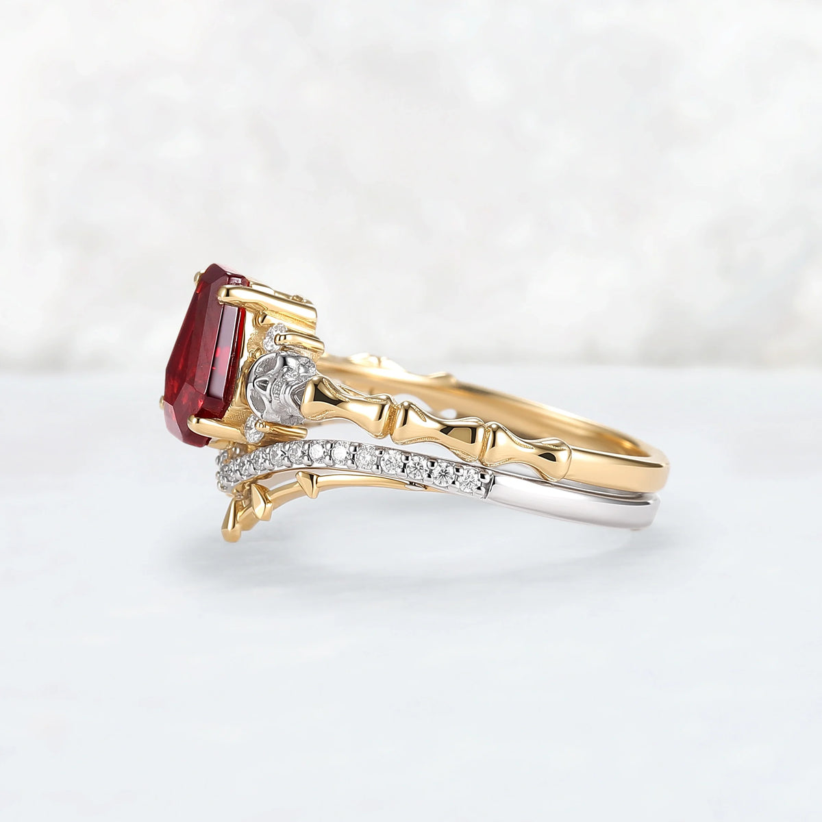 Skull Conffin Shaped Garnet White & Yellow Gold Ring Set 2pcs Halloween Jewelry