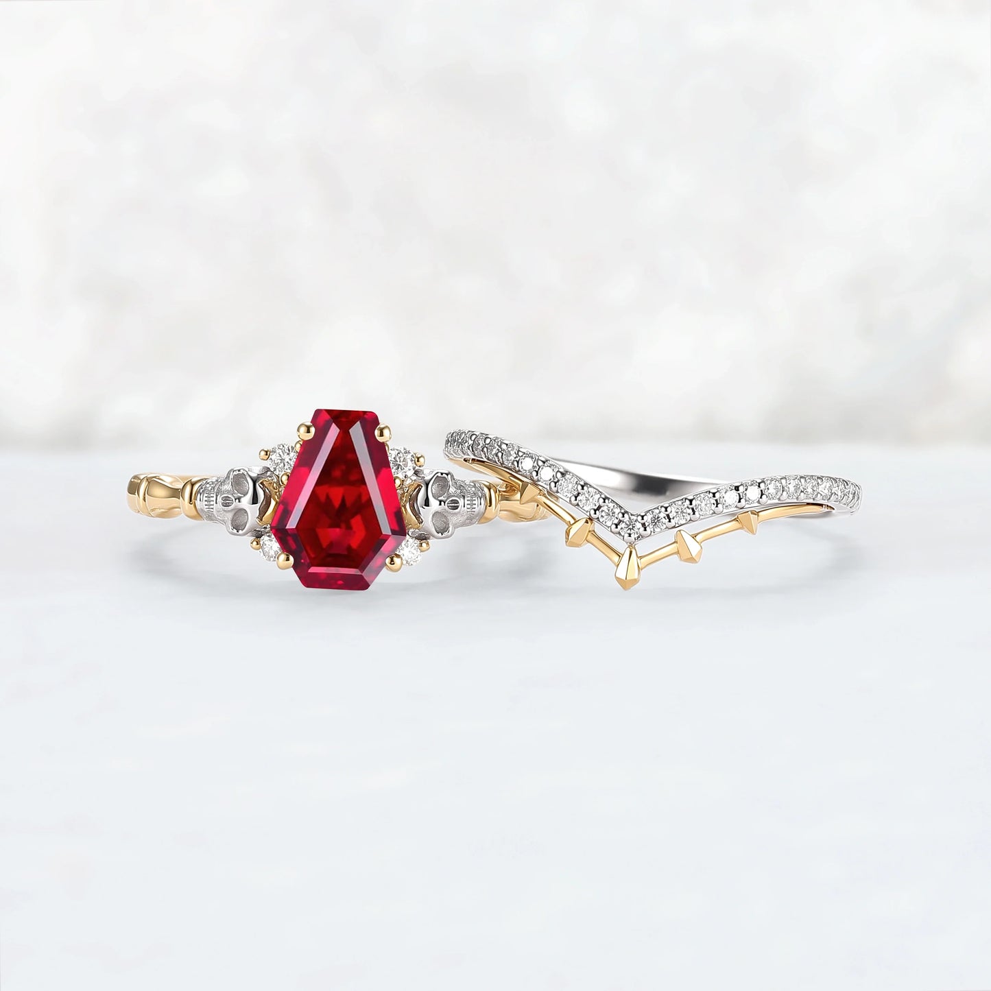 Skull Conffin Shaped Garnet White & Yellow Gold Ring Set 2pcs Halloween Jewelry