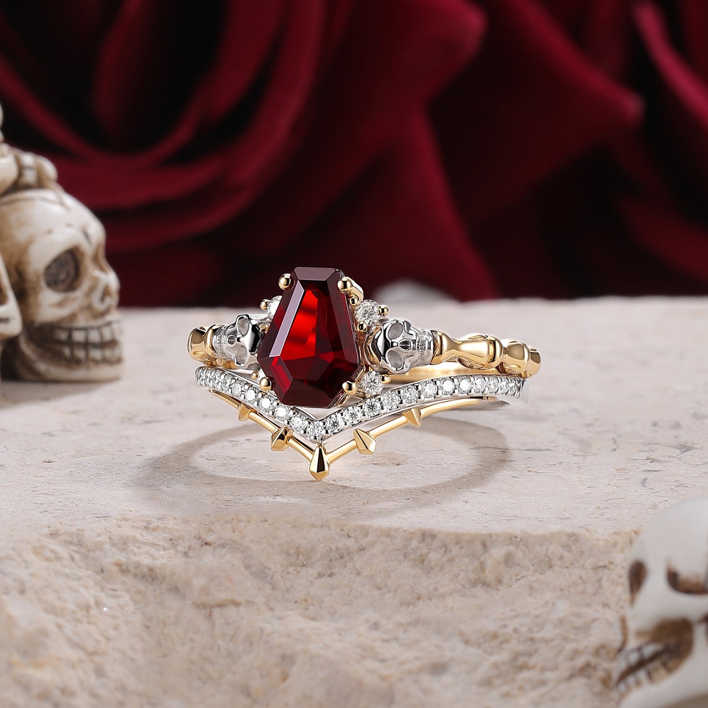 Skull Conffin Shaped Garnet White & Yellow Gold Ring Set 2pcs Halloween Jewelry