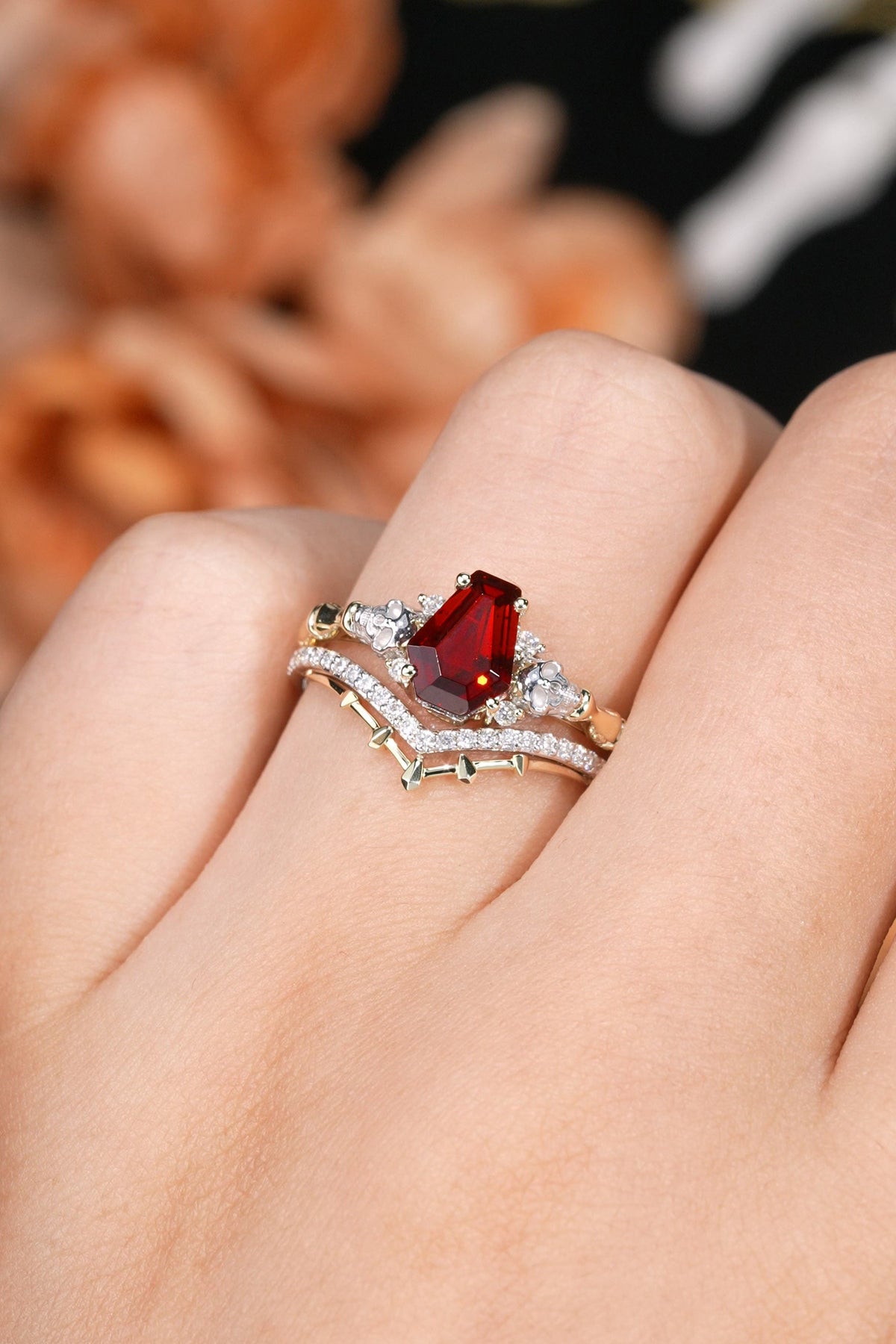Skull Conffin Shaped Garnet White & Yellow Gold Ring Set 2pcs Halloween Jewelry