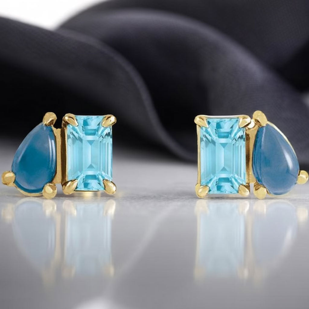 Sky Blue Topaz & Natural London Blue Topaz Two-Stone Stud Earrings