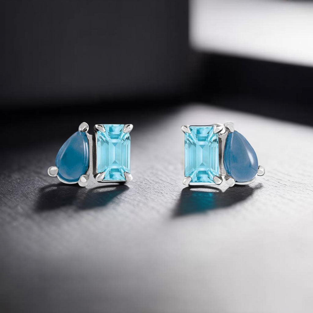 Sky Blue Topaz & Natural London Blue Topaz Two-Stone Stud Earrings