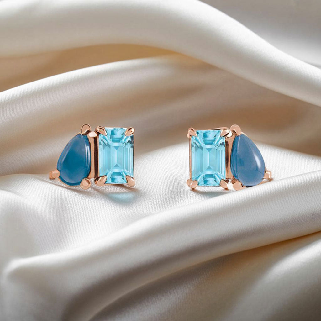 Sky Blue Topaz & Natural London Blue Topaz Two-Stone Stud Earrings