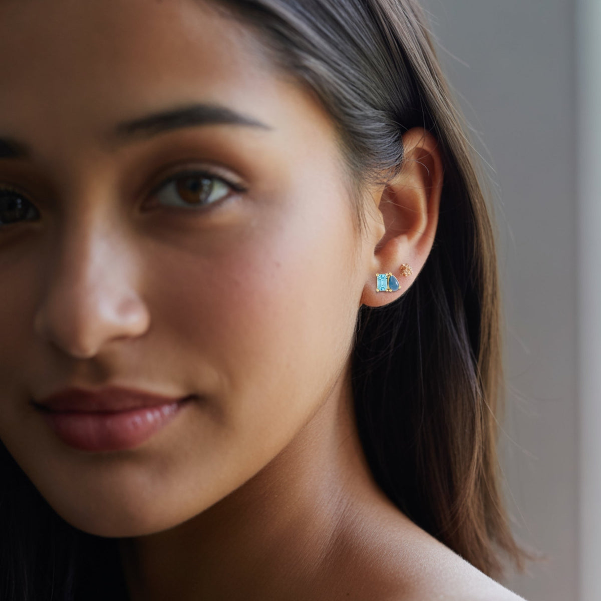 Sky Blue Topaz & Natural London Blue Topaz Two-Stone Stud Earrings