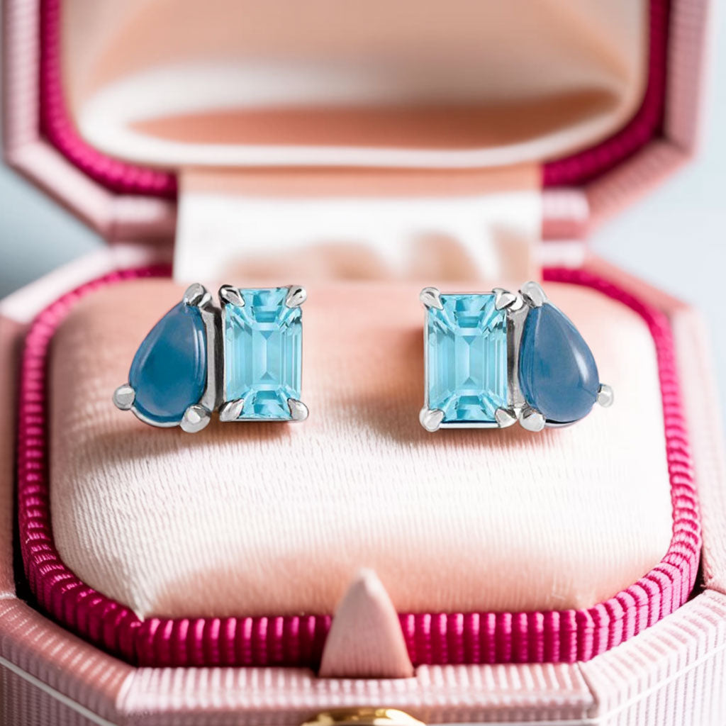 Sky Blue Topaz & Natural London Blue Topaz Two-Stone Stud Earrings