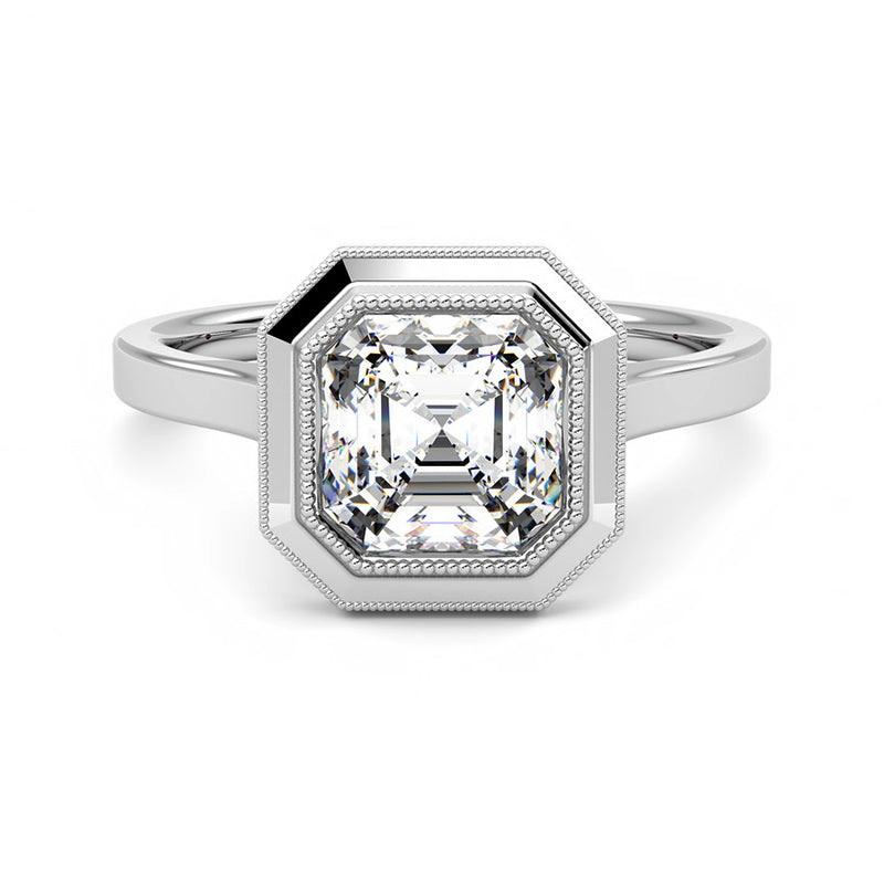 Solitaire Asscher Moissanite Milgrain Bezel Set Engagement Ring