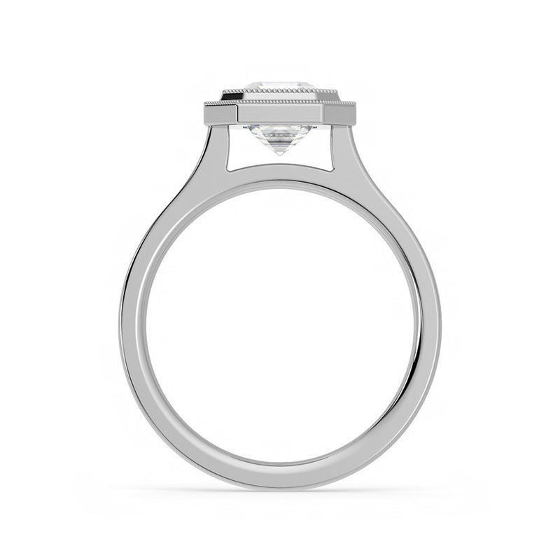 Solitaire Asscher Moissanite Milgrain Bezel Set Engagement Ring