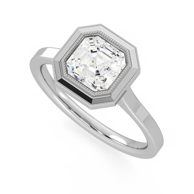 Solitaire Asscher Moissanite Milgrain Bezel Set Engagement Ring