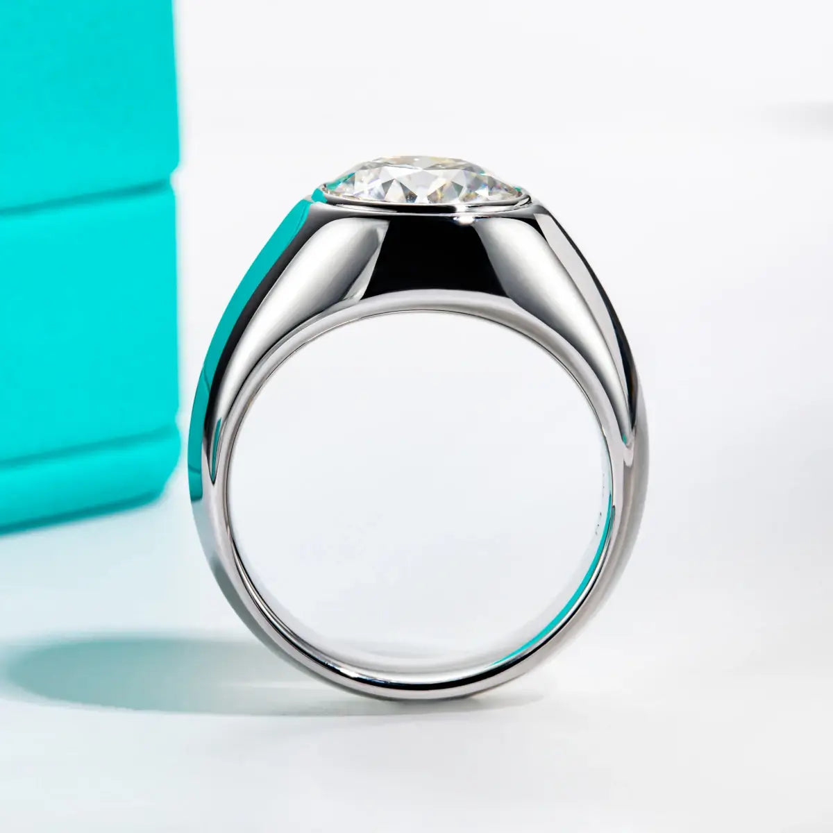 Solitaire Bezel Round Moissanite Wide Shank Engagement Ring