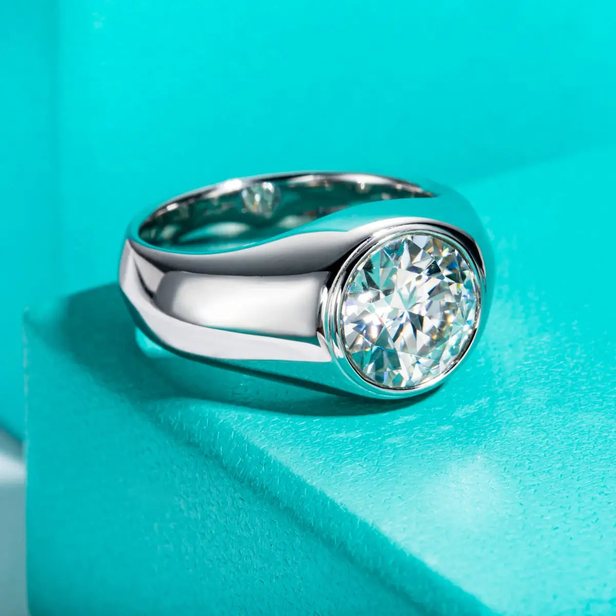 Solitaire Bezel Round Moissanite Wide Shank Engagement Ring