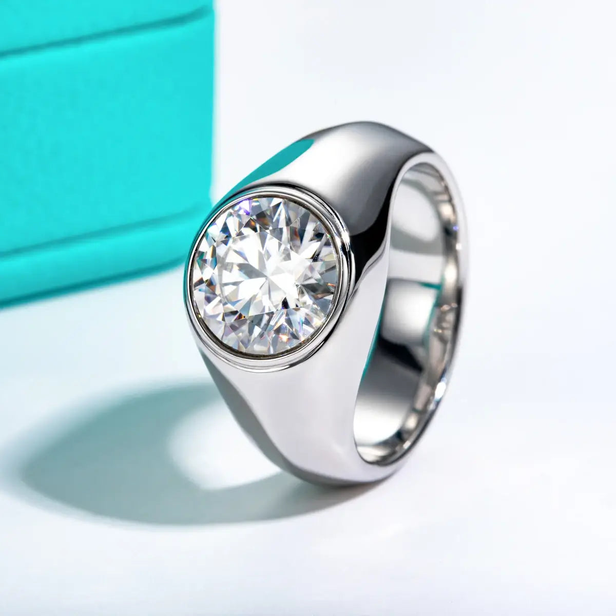 Solitaire Bezel Round Moissanite Wide Shank Engagement Ring