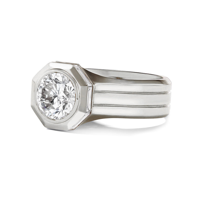 Solitaire Bezel Set Round Moissanite Three Shank Engagement Ring