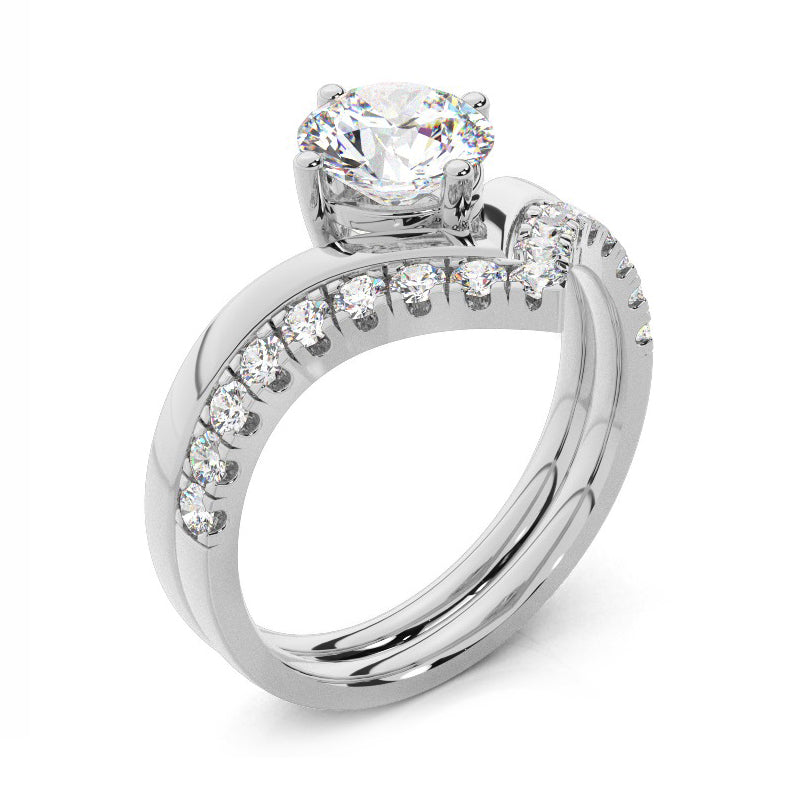 Solitaire Chevron Round Moissanite Bridal Set Engagement Ring