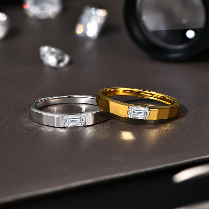 Solitaire East West Emerald-Cut Moissanite Wedding Band Ring