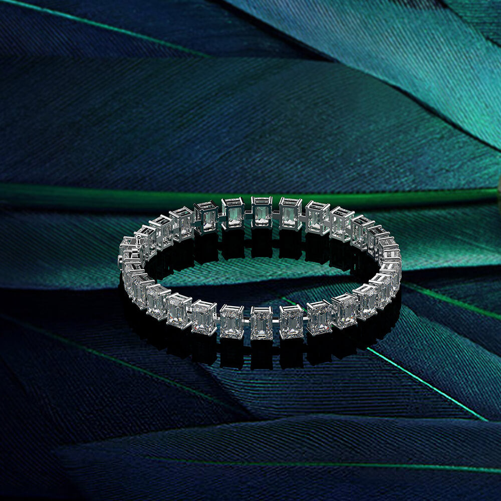 Solitaire Emerald-Cut Lab-Sapphire Sterling Silver Tennis Bracelet