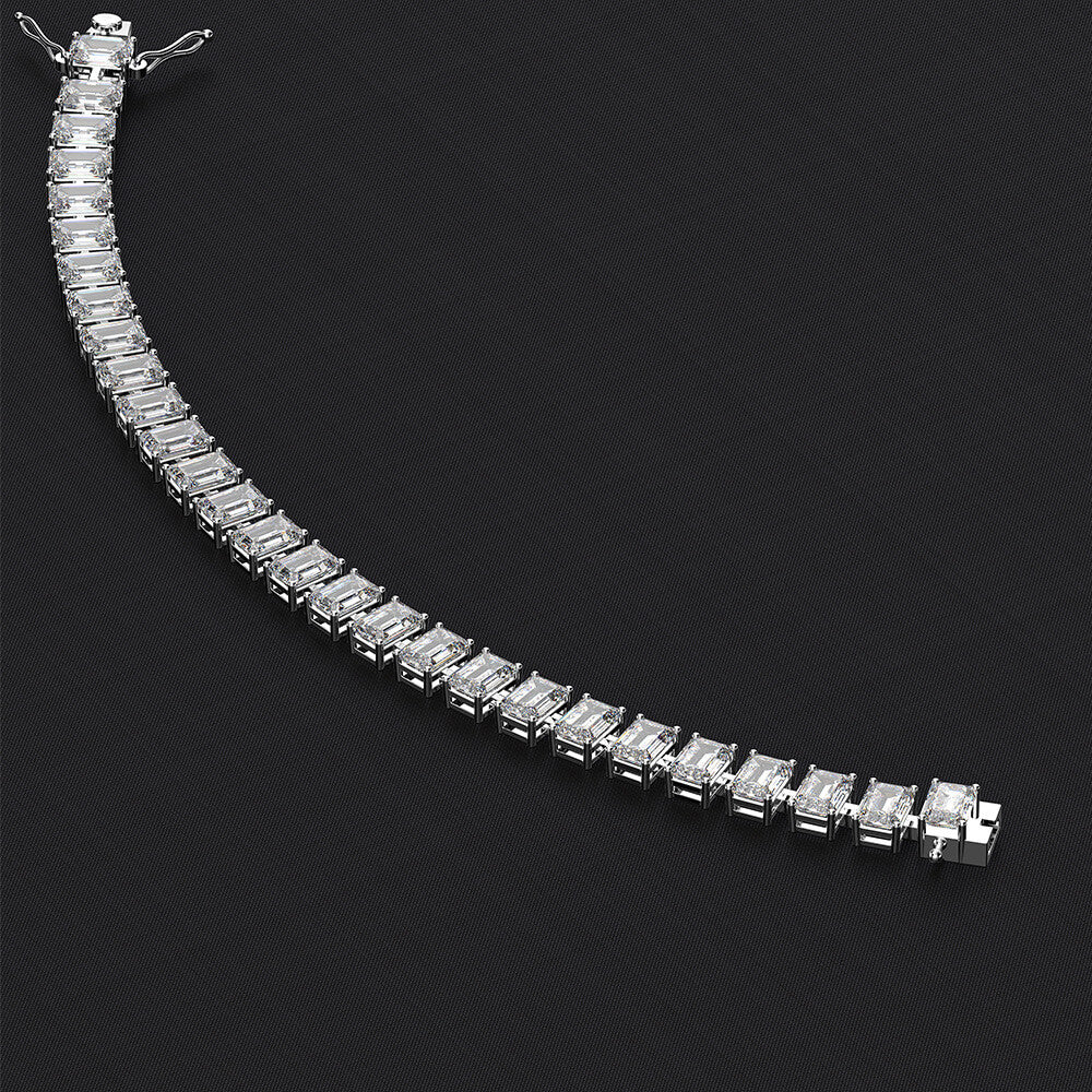 Solitaire Emerald-Cut Lab-Sapphire Sterling Silver Tennis Bracelet