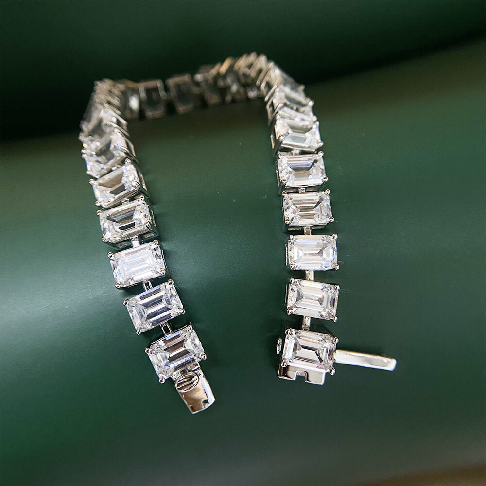 Solitaire Emerald-Cut Lab-Sapphire Sterling Silver Tennis Bracelet
