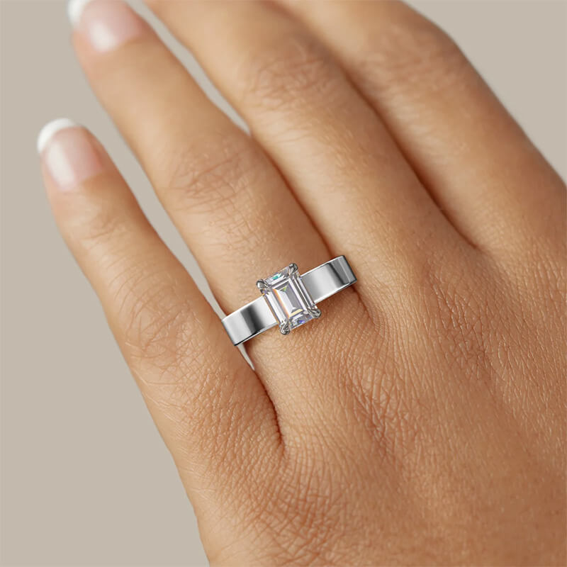 Solitaire Emerald Cut Moissanite Wide Band Engagement Ring