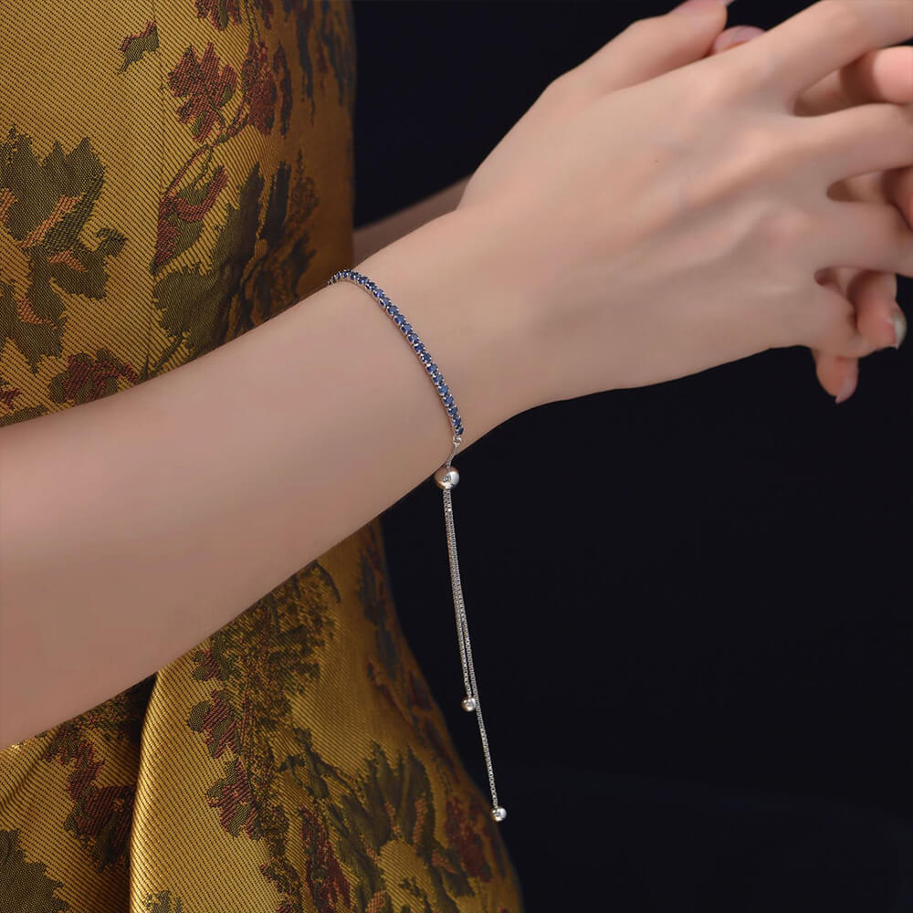 Solitaire Lab-Sapphire Sterling Silver Adjustable Bracelet