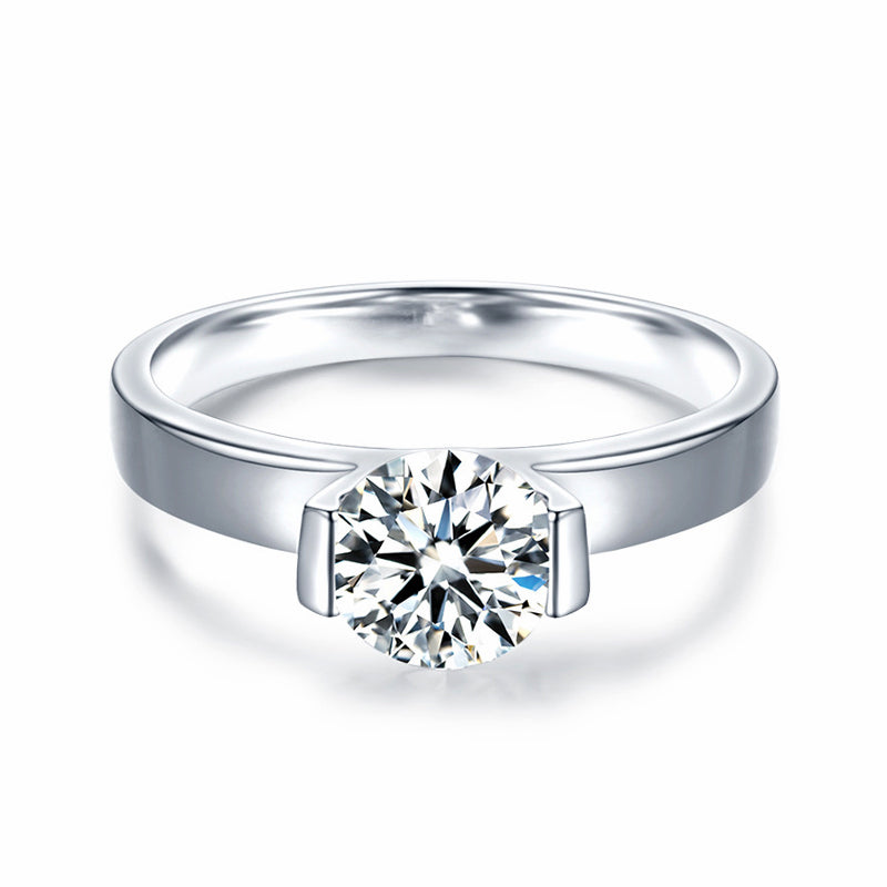 Solitaire Moissanite Half Bezel Set Engagement Ring In Sterling Silver