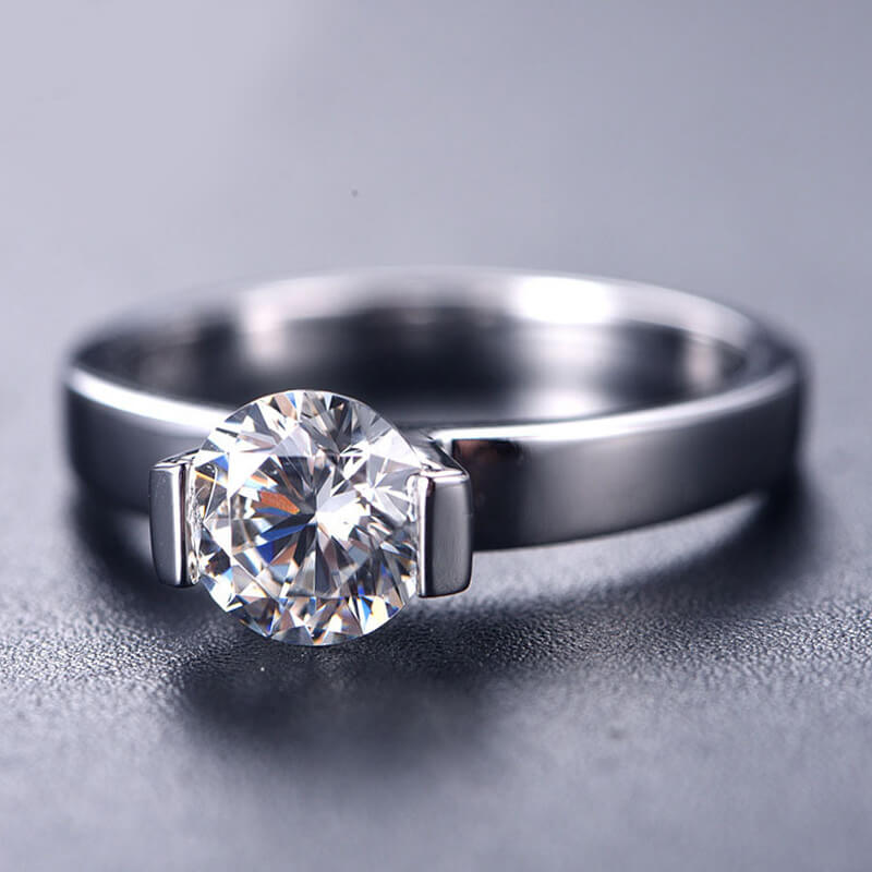 Solitaire Moissanite Half Bezel Set Engagement Ring In Sterling Silver